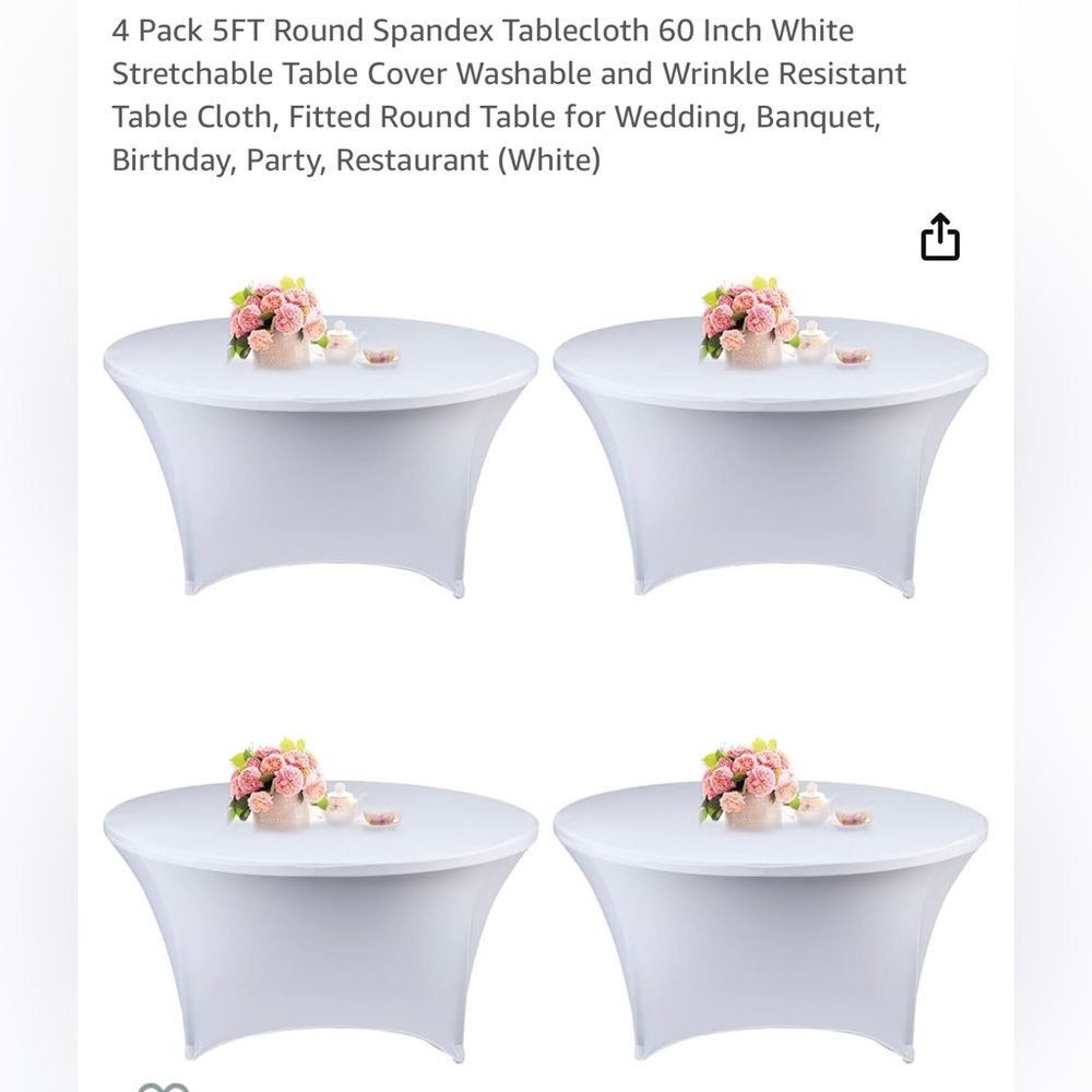 Pack of 4, 5ft spandex round table linens (white)